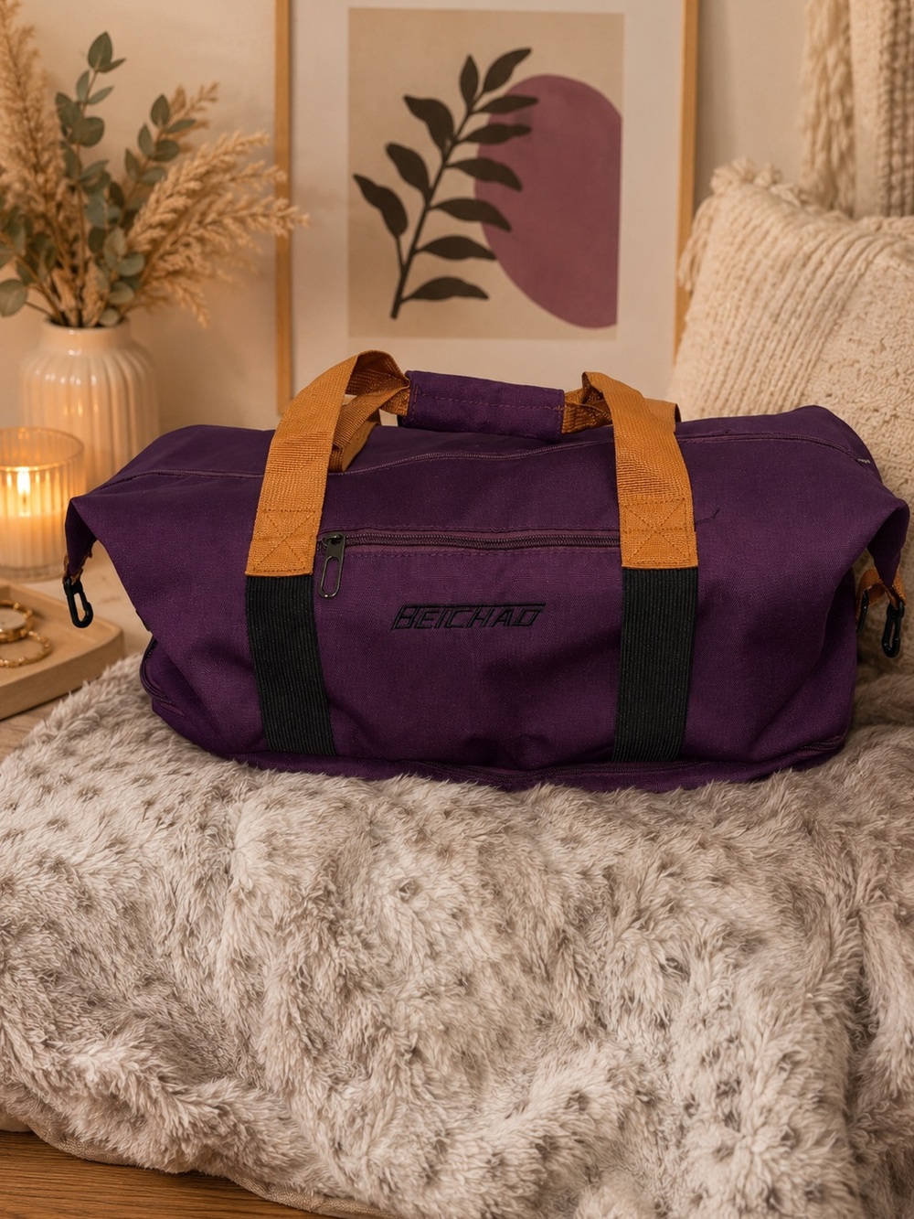 purple travel duffel duffle bag with tan handles